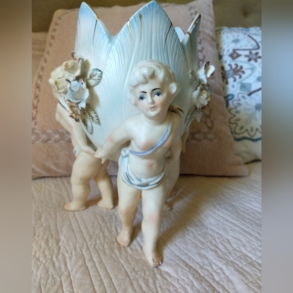 MidCentury Vintage Lenwile Ardalt Porcelain Artware Japan Cherubs W/Planter Vase - Picture 6 of 10